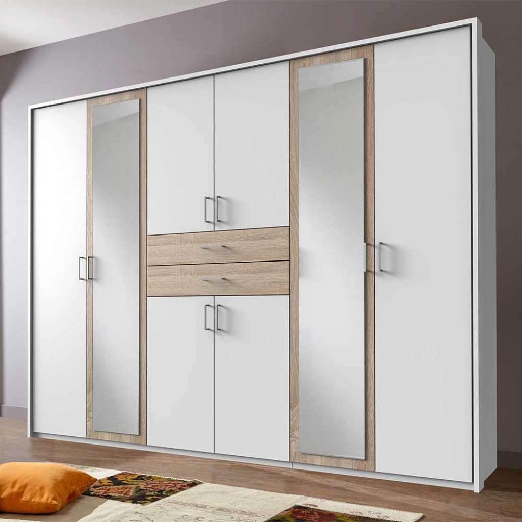 Kleiderschrank mit Schubladen und Spiegel in Weiß Eiche Sägerau