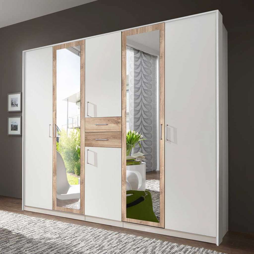Kleiderschrank mit Spiegeltüren und zwei Schubladen Plankeneiche NB und Weiß