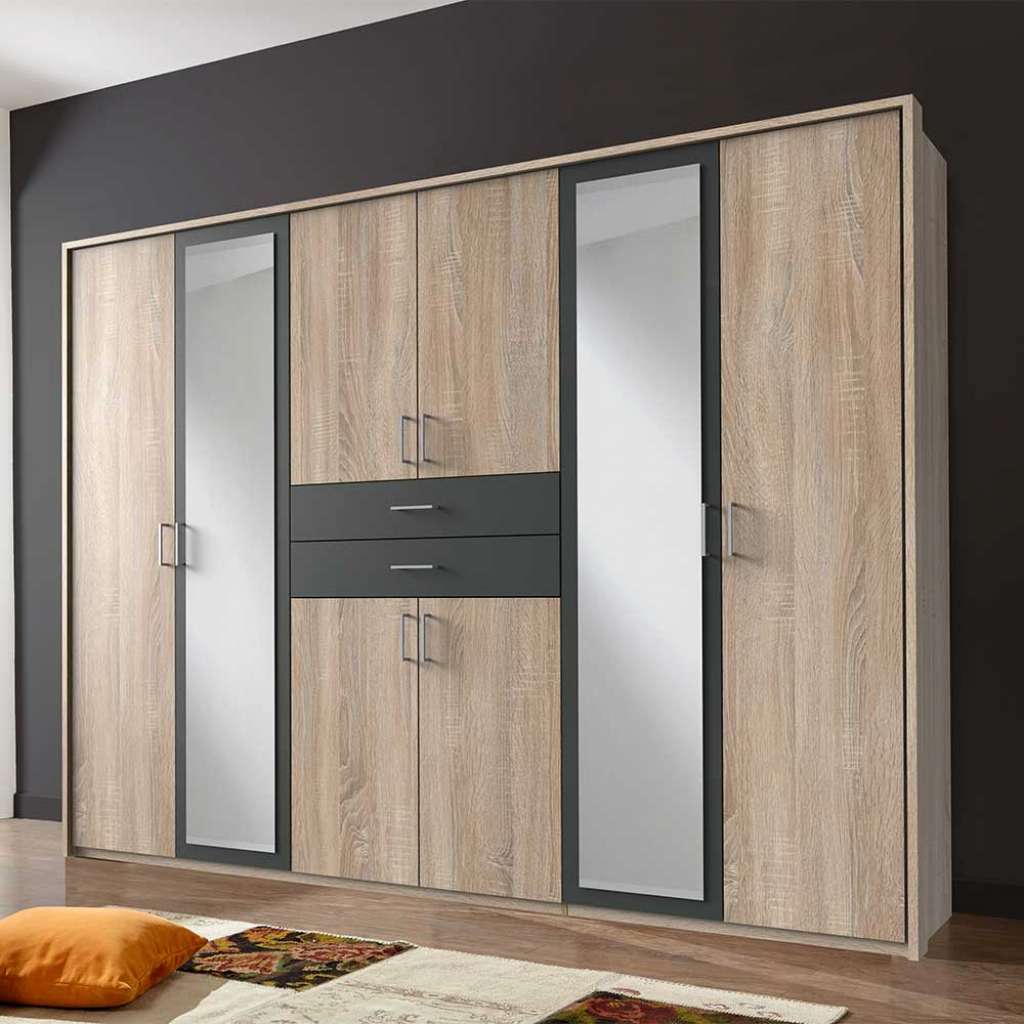 Drehtürschrank Schlafzimmer groß in Eiche Sägerau Dunkelgrau