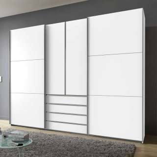 Weißer 300 cm Schlafzimmerkleiderschrank mit Dreh- und Schiebetüren vier Schubladen