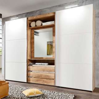 Moderner Funktions Kleiderschrank in Weiß und Holzoptik Plankeneiche Spiegel innen