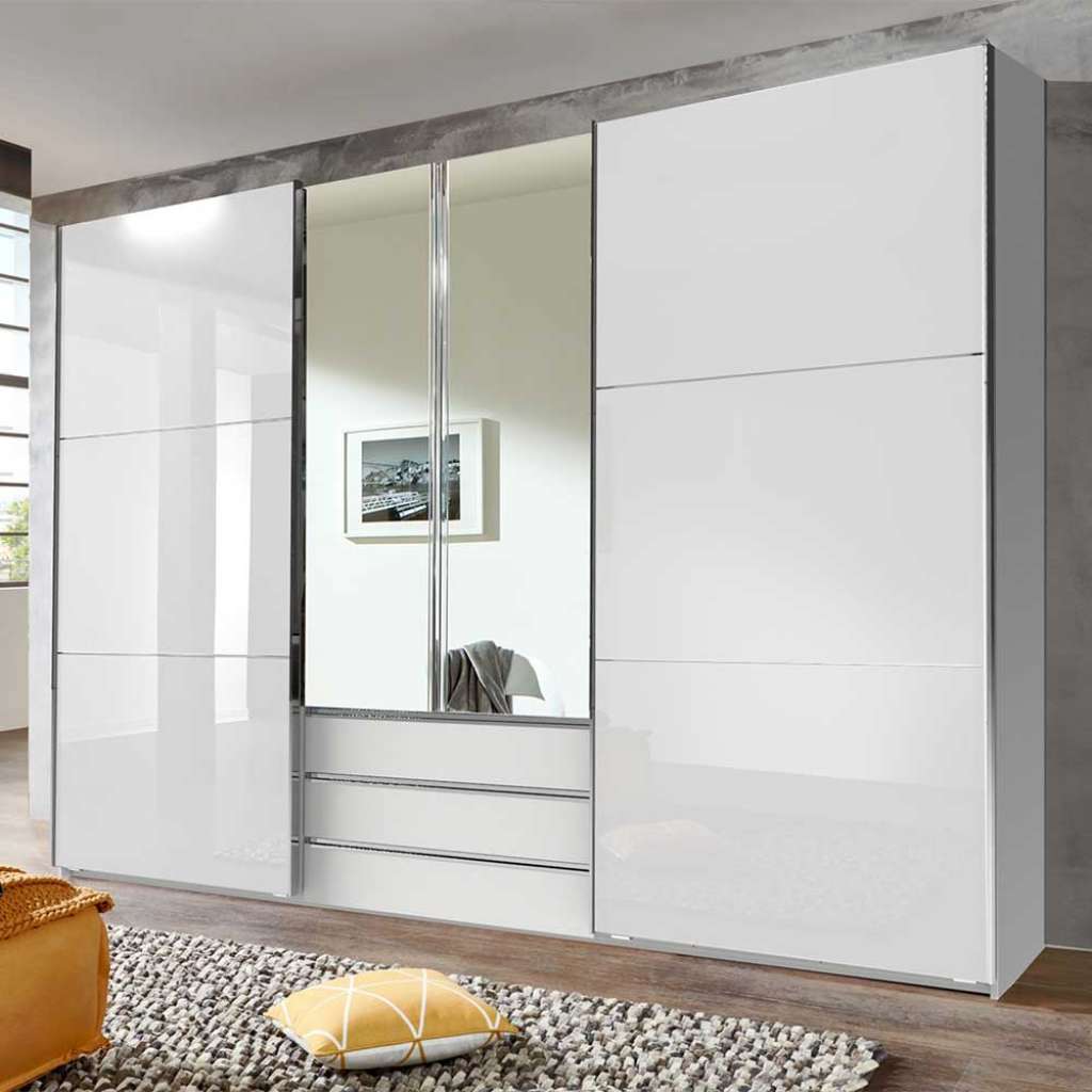 XL Kleiderschrank weiß Spiegel mit drei Schubladen Made in Germany