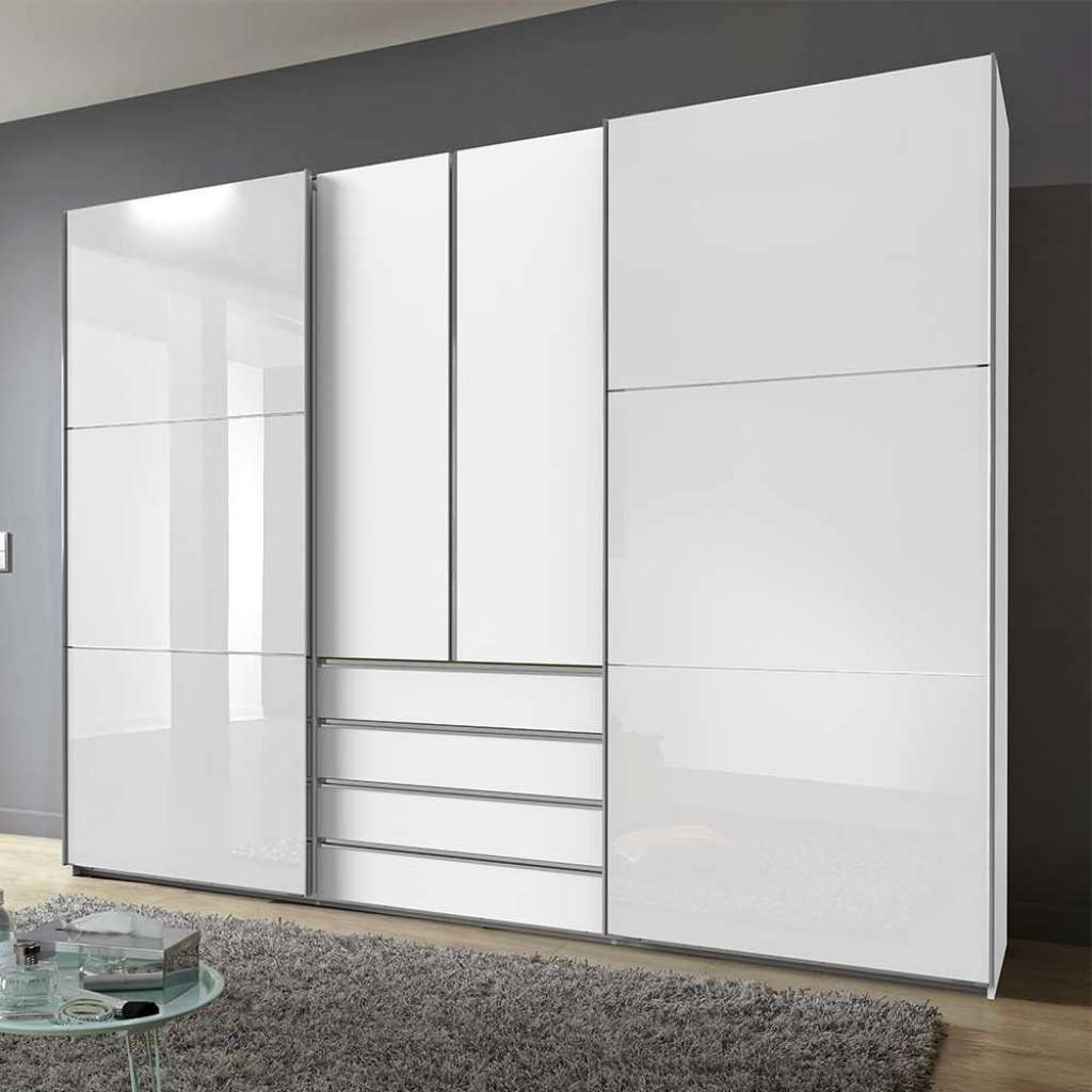 Weißer Schlafzimmerschrank groß mit Dreh- und Schiebetüren vier Schubladen