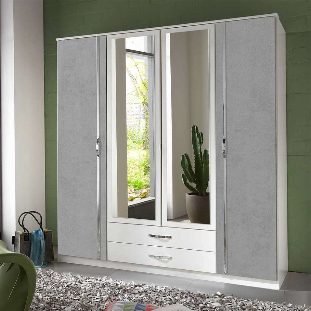Spiegeltürenschrank in Weiß und Beton Optik Lichtgrau Made in Germany