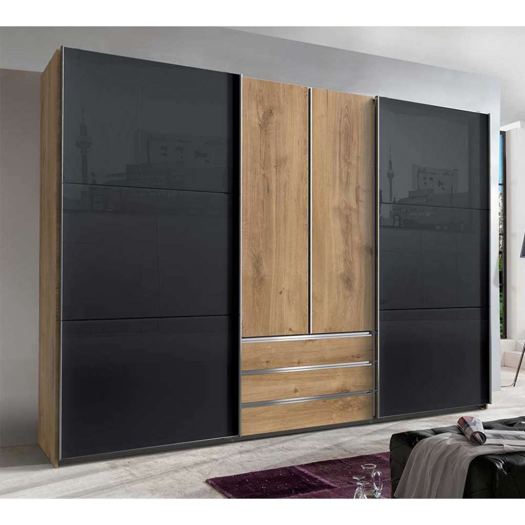 Kleiderschrank mit Glasfront in Dunkelgrau Plankeneiche Holzoptik