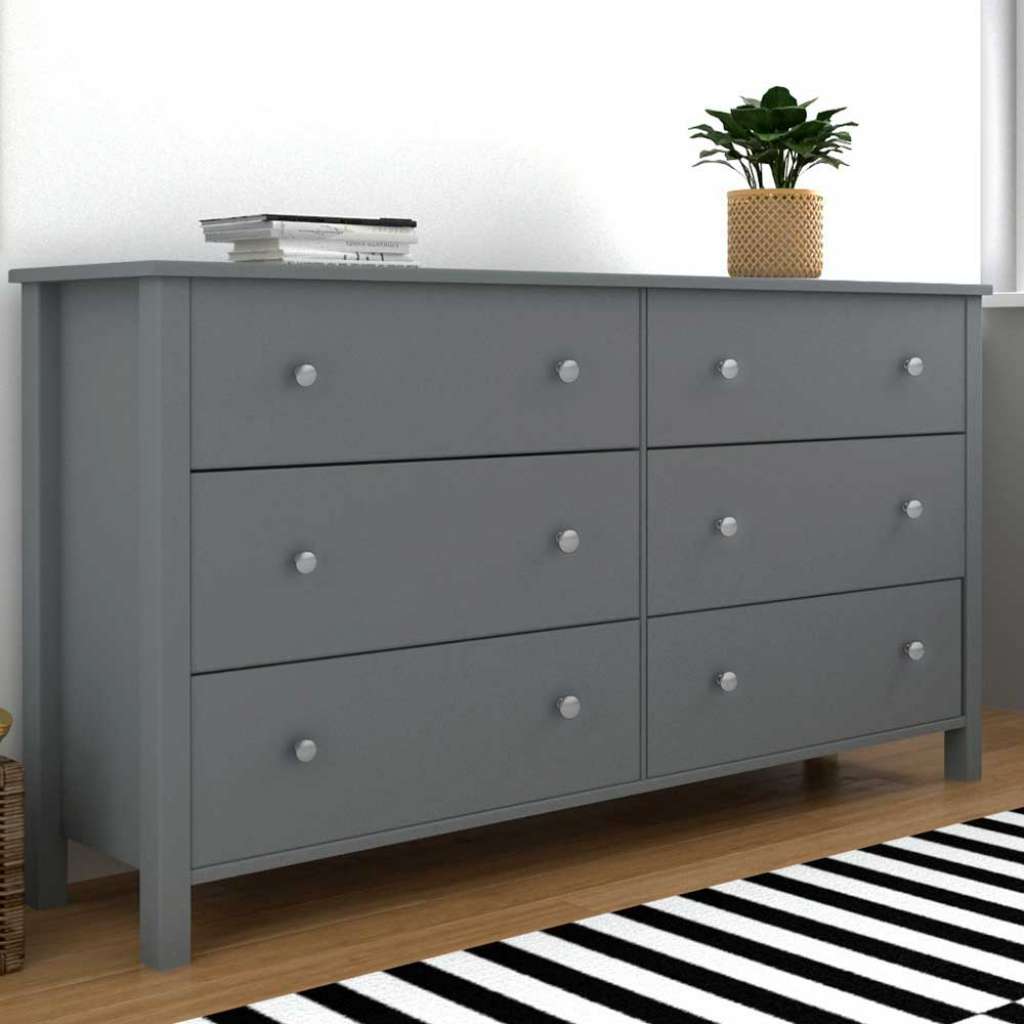Graues Esszimmersideboard mit sechs Schubladen Metallgriffen