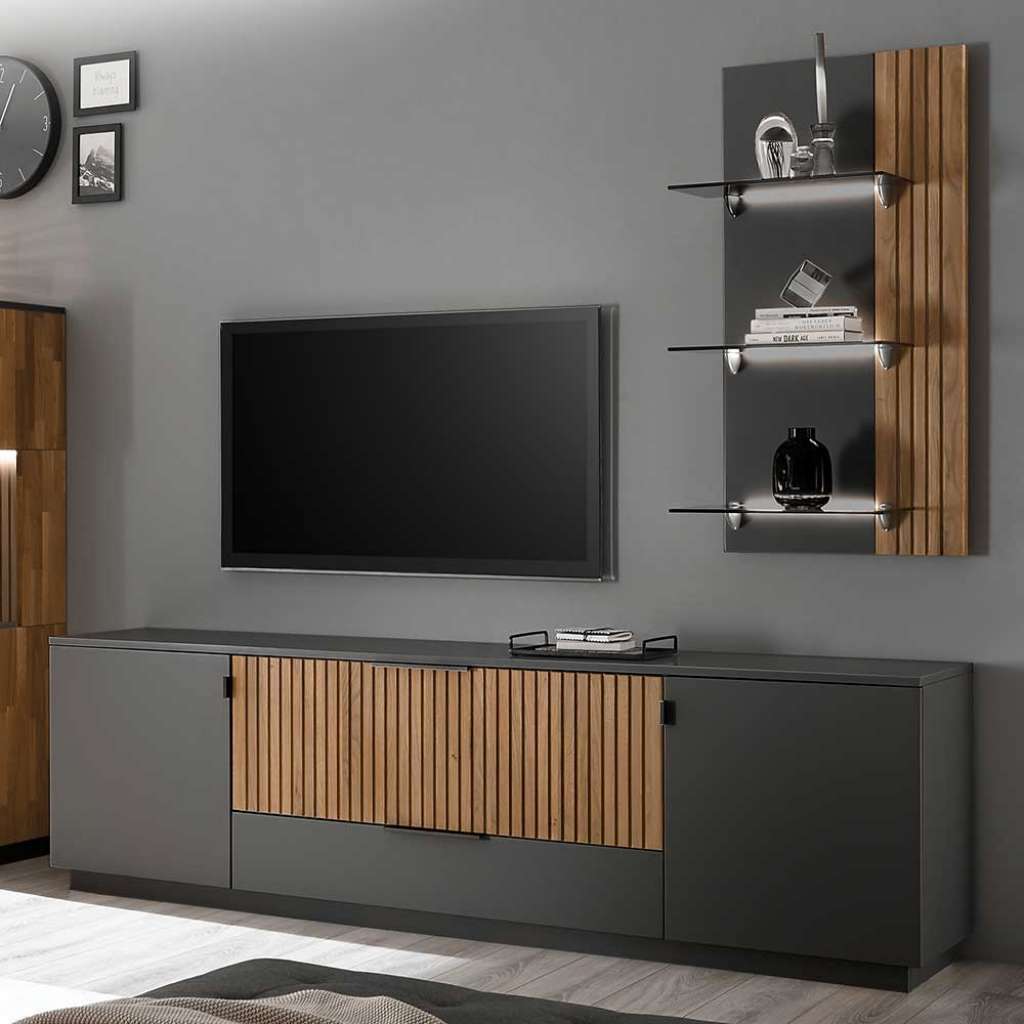 Unterschrank Fernseher in Eiche Bianco und Anthrazit zwei Schubladen
