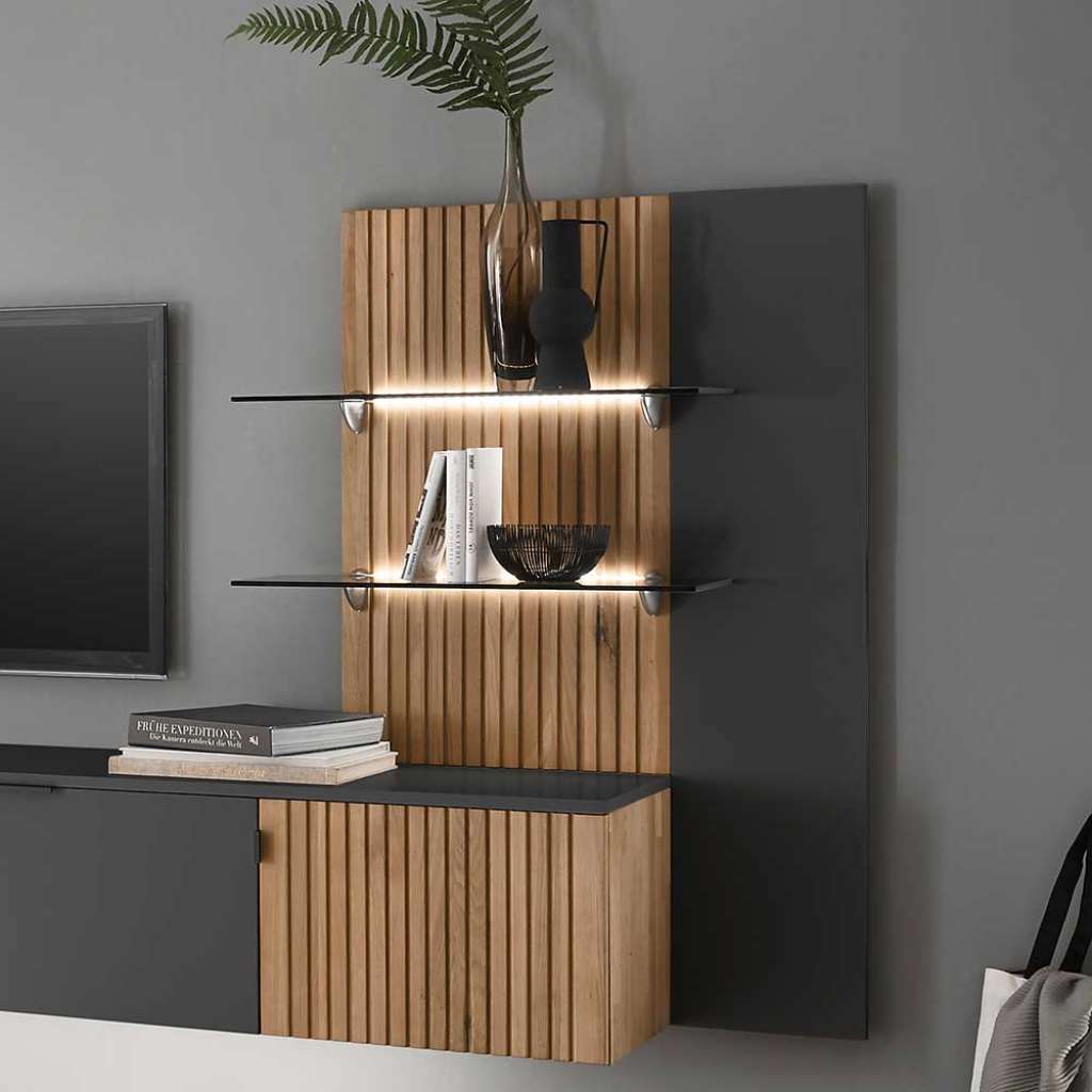 Modernes Hängeregal in Eiche Bianco und Anthrazit mit Glasböden
