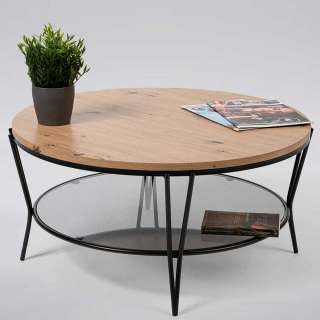Runder Sofa Tisch in Wildeichefarben und Schwarz 80 cm Durchmesser