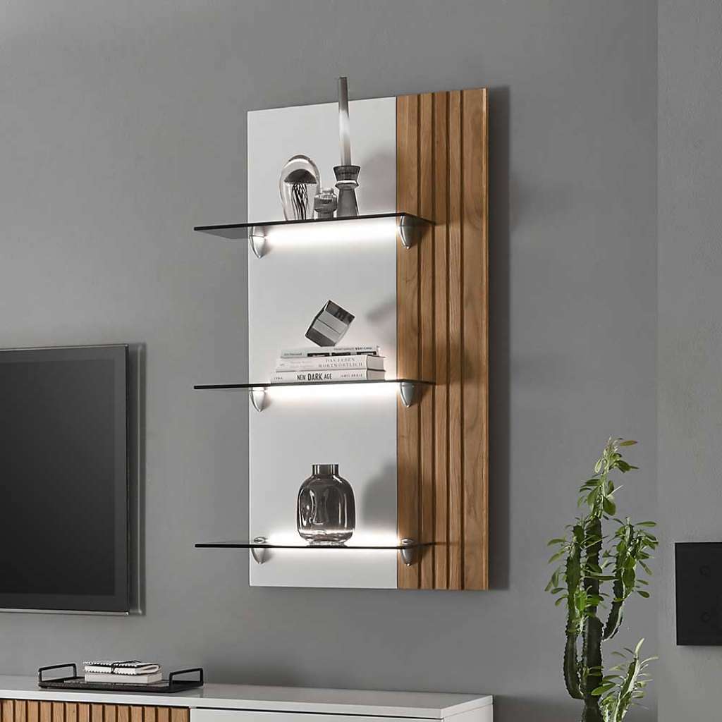 Hängeregal mit Glasböden in Eiche Bianco und Weiß 55 cm breit