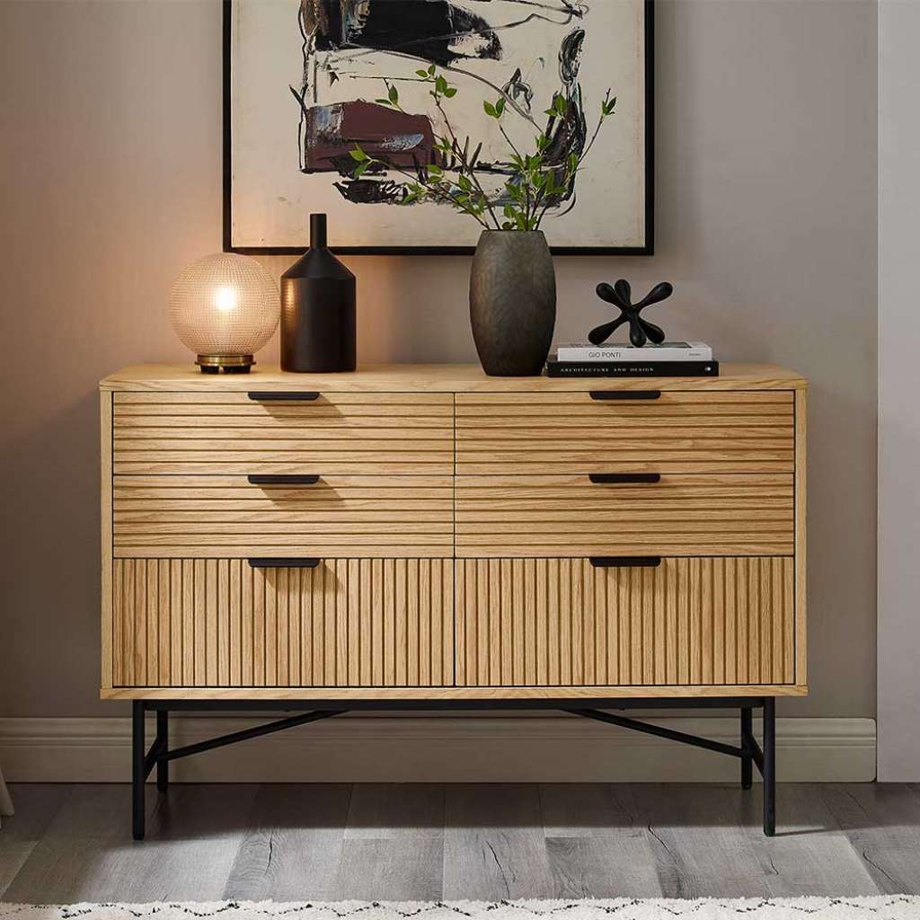 Sideboard mit Schubladen im Skandi Design Eichefarben und Schwarz