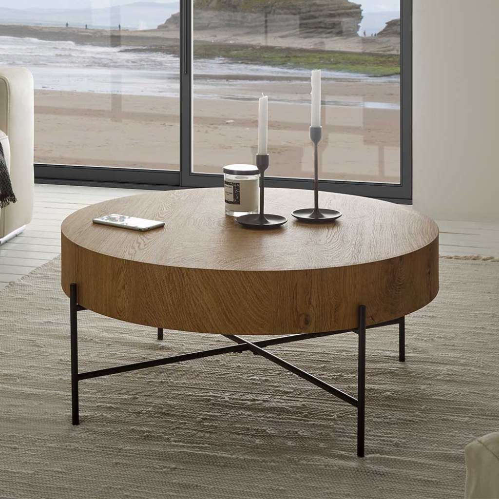 Runder Designcouchtisch in Eichefarben Vierfußgestell aus Metall