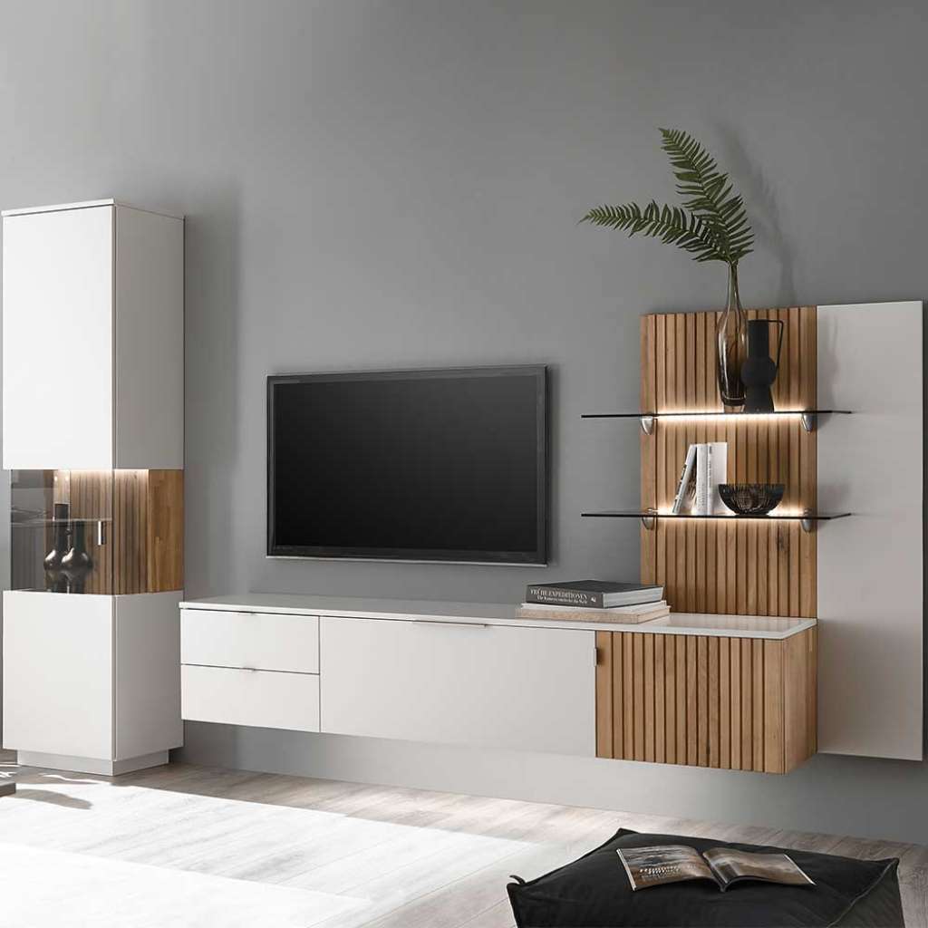 Moderne Anbauwand in Eiche Bianco und Weiß LED Beleuchtung (dreiteilig)