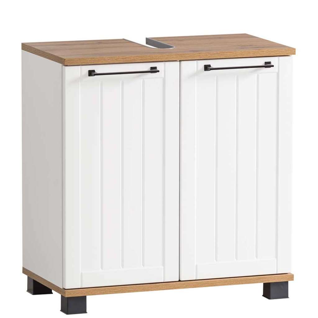 Landhaus Bad Waschtischschrank in Weiß & Eichefarben 62 cm hoch