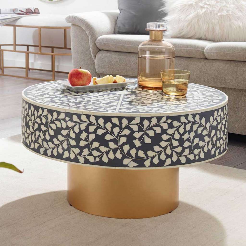 Couchtisch mit Blatt Muster im Retrostil 60 cm Durchmesser