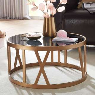 Runder Wohnzimmer Tisch in Goldfarben und Schwarz Glasplatte