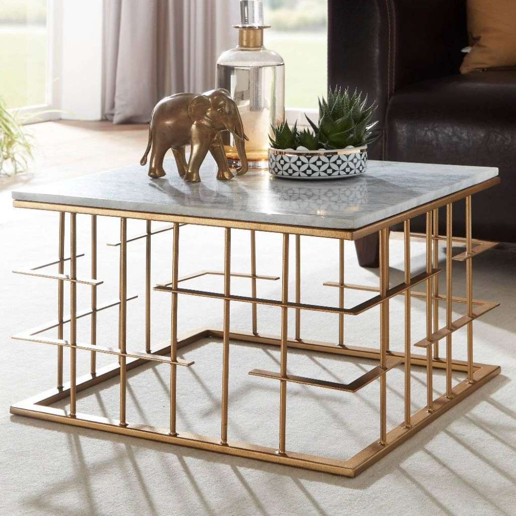 Eleganter Wohnzimmertisch mit Marmorplatte Metallgestell in Goldfarben
