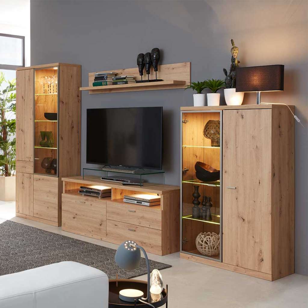 Wohnzimmerwohnwand Wildeiche NB in modernem Design 200 cm hoch (vierteilig)