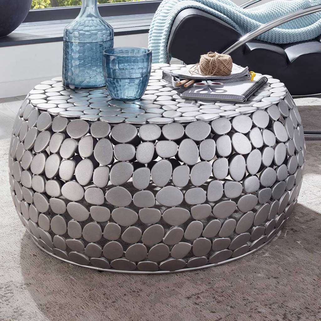 Aluminium Couchtisch in Silberfarben runder Tischplatte
