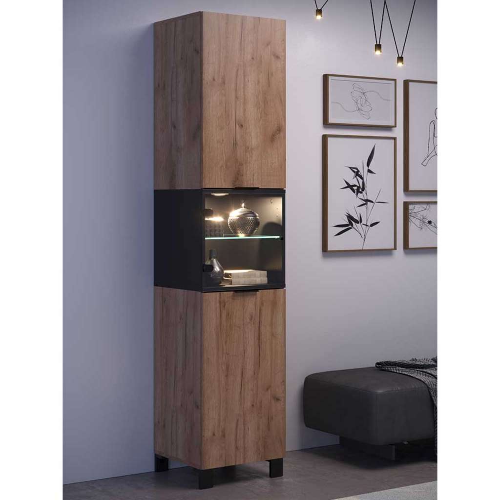 Vitrine 3-türig in modernem Design Eiche dunkel und Schwarz