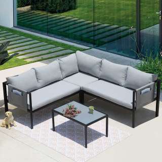 Lounge Outdoor Ecksofa in Grau und Schwarz inklusive Tisch (zweiteilig)