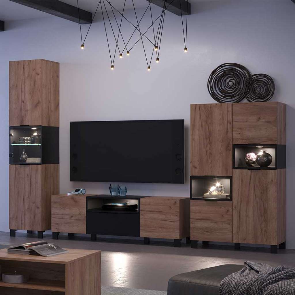 Wohnzimmerwand in modernem Design Eiche dunkel und Schwarz (dreiteilig)