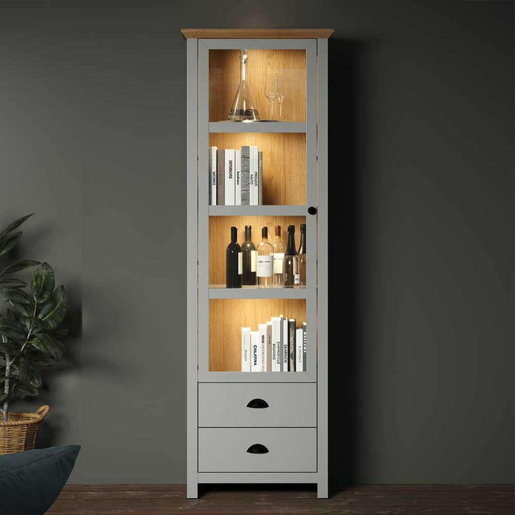 Wohnzimmervitrine Landhaus Design in Lichtgrau Wildeichefarben