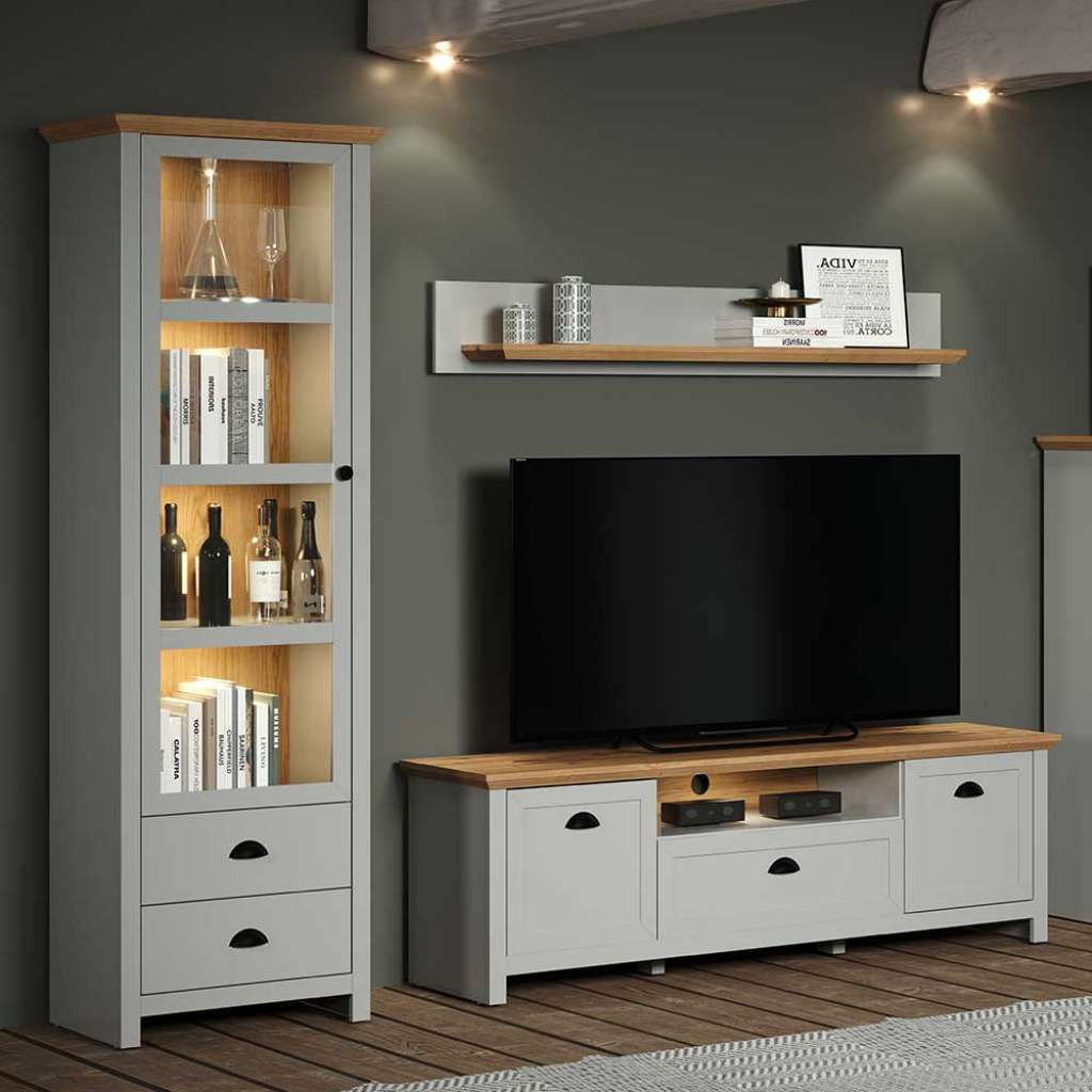 Landhaus Design TV Wohnwand in Lichtgrau Wildeichefarben (dreiteilig)