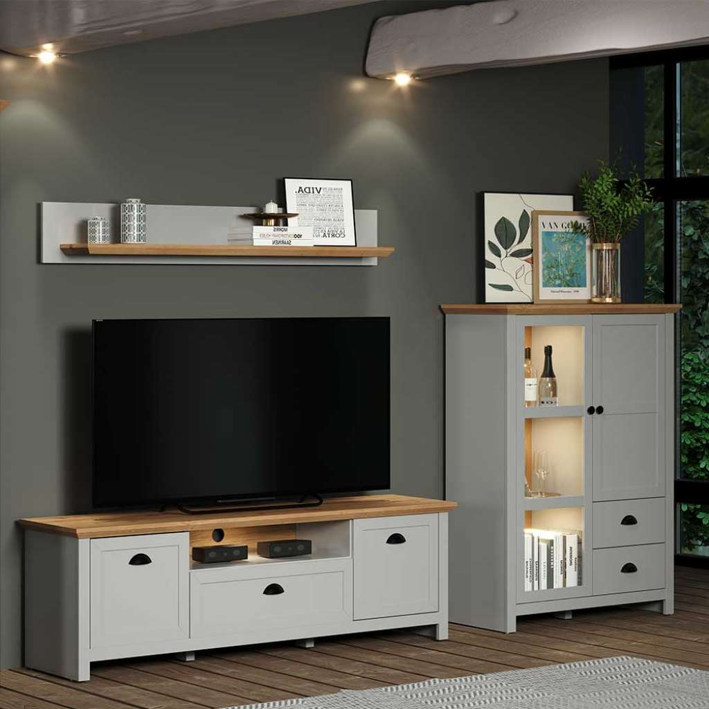 Landhaus Design TV Wohnwand in Lichtgrau 160 cm hoch (dreiteilig)