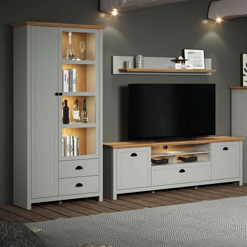 Wohnzimmer Anbauwand Landhausstil in Lichtgrau Wildeichefarben (dreiteilig)