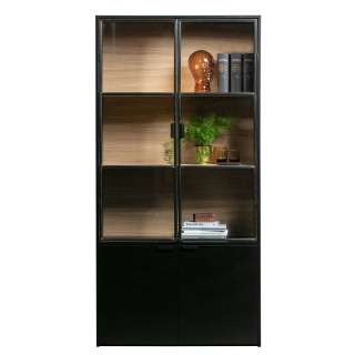 Schrank Vitrine modern in Kieferfarben und Schwarz Glastüren