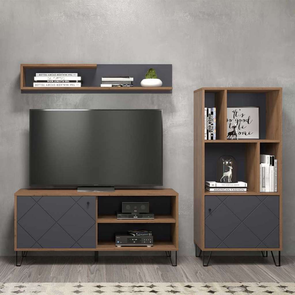 Wohnzimmerwohnwand in modernem Design 136 cm hoch (dreiteilig)