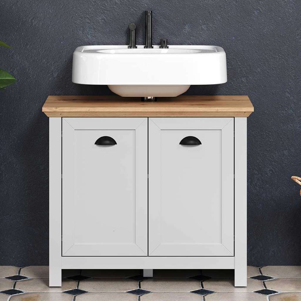 Waschtischschrank im Landhausstil Lichtgrau und Wildeiche NB