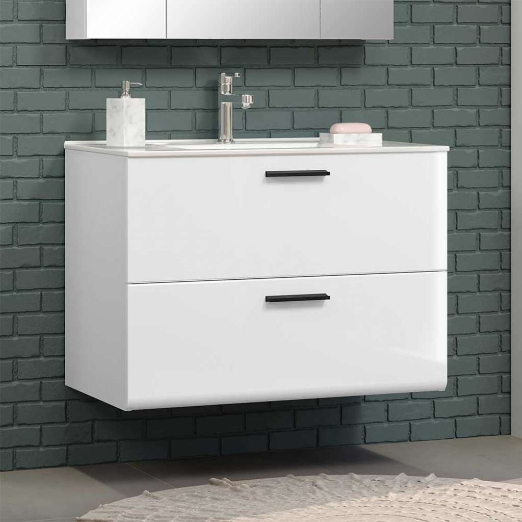 Waschtischkonsole mit Becken in Weiß Hochglanzfront zwei Schubladen