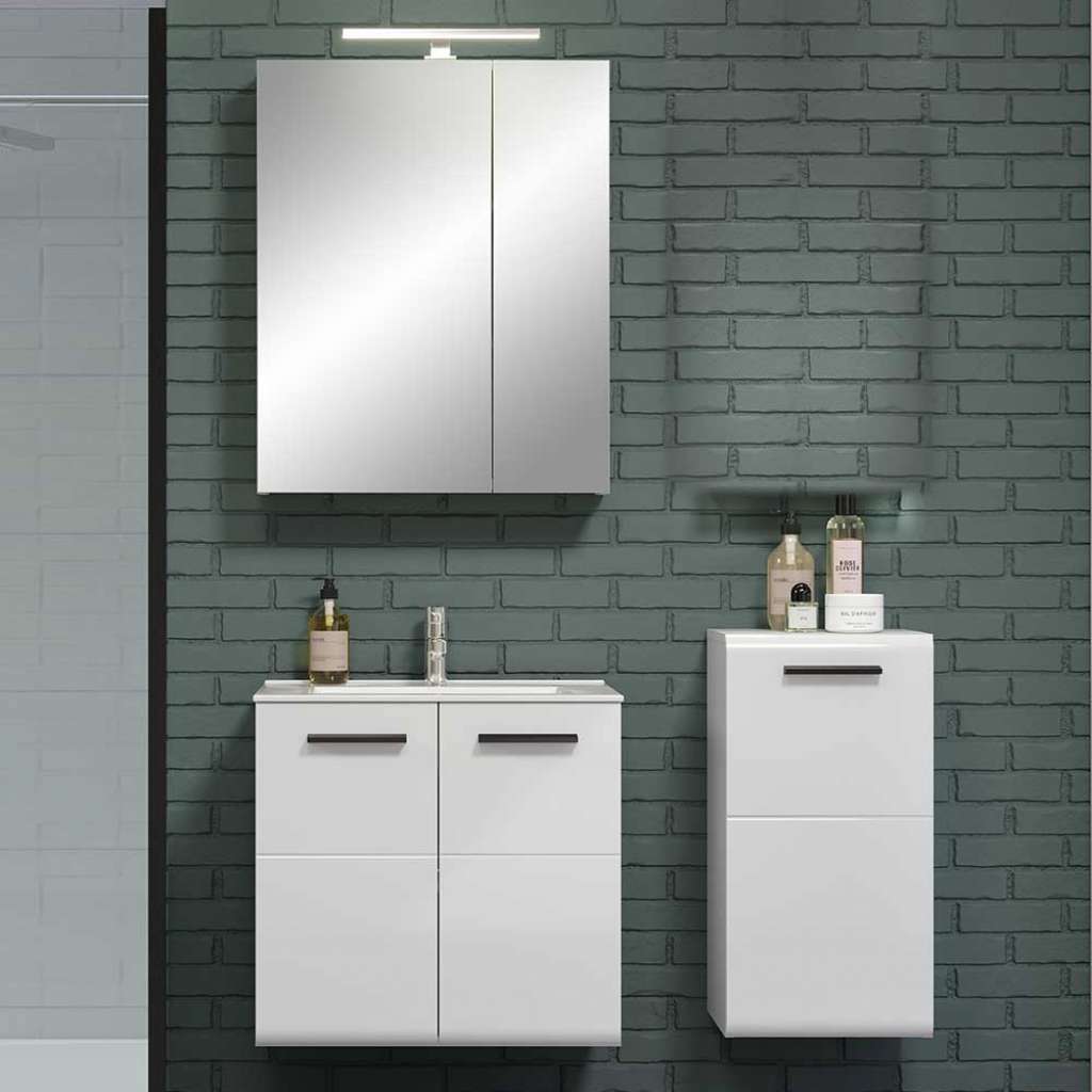 Badmöbel modern weiss mit Hochglanz Front Wandmontage (dreiteilig)