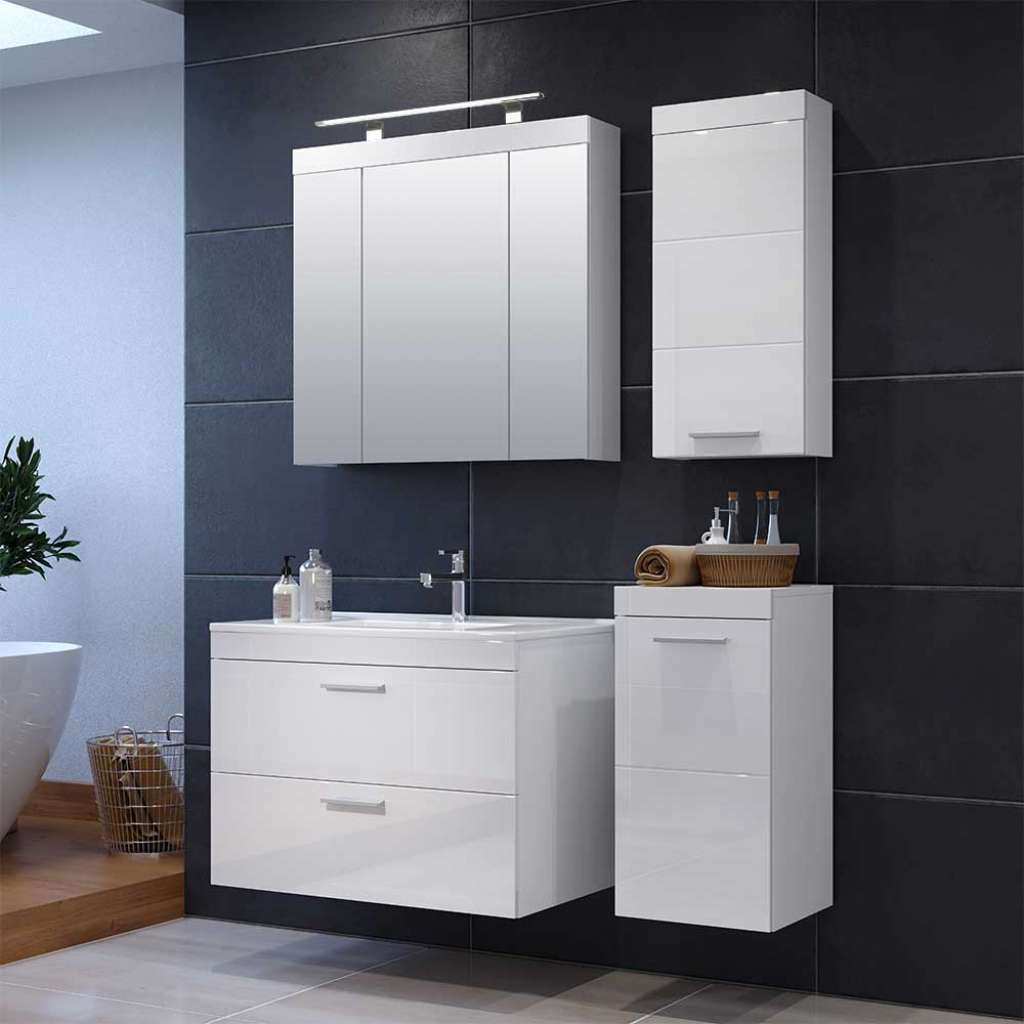 Badezimmermöbelset weiss modern Hochglanz Wandmontage (vierteilig)