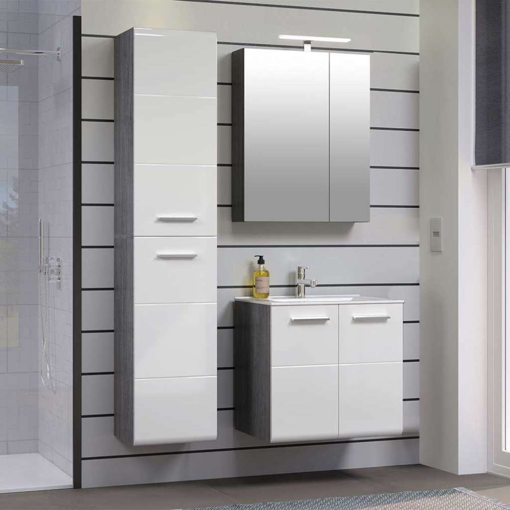 Badezimmermöbel Set mit Becken in Weiß und Silbergrau 170 cm hoch (dreiteilig)