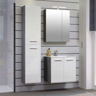Badezimmermöbel Set mit Becken in Weiß und Silbergrau 170 cm hoch (dreiteilig)