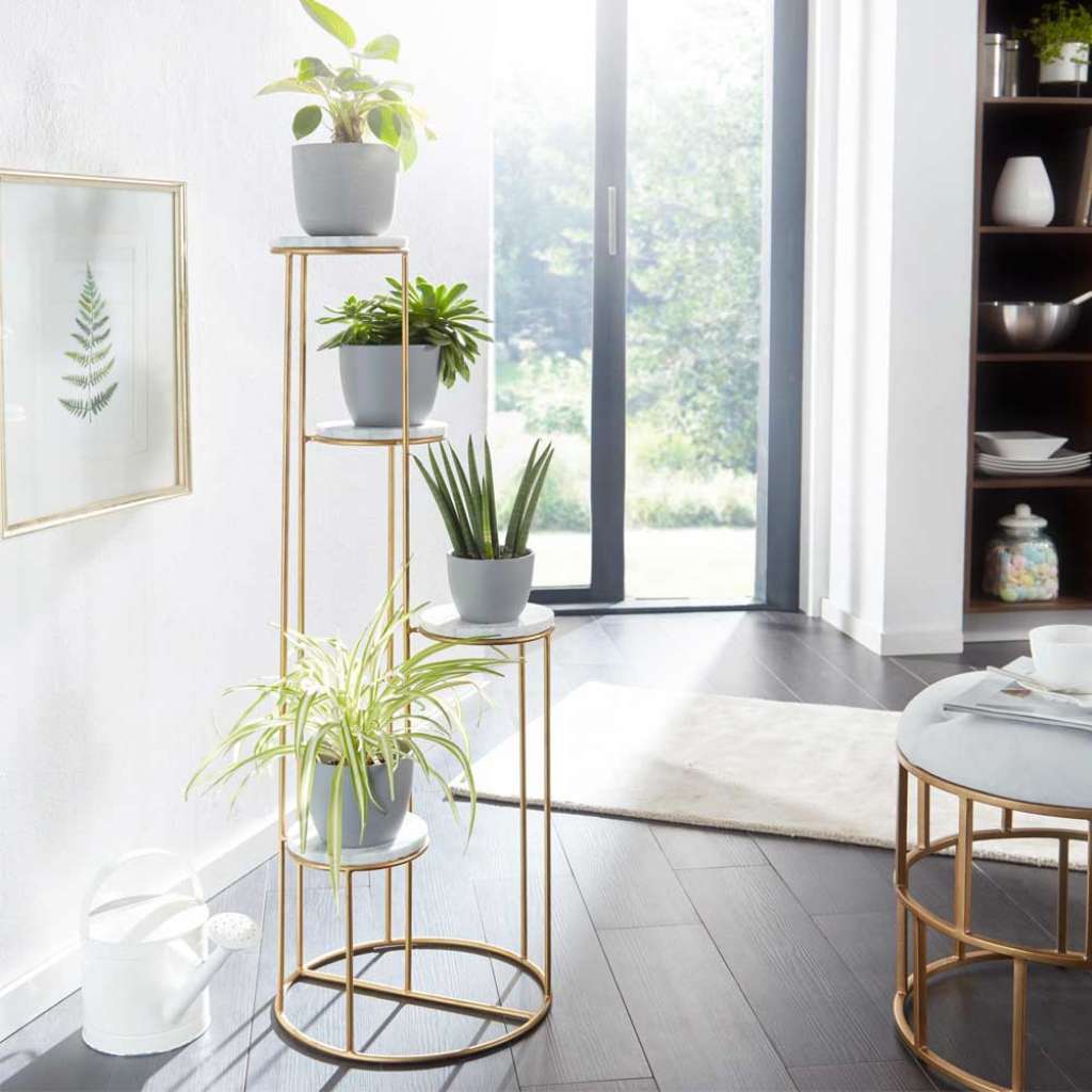 Pflanzensäule aus Metall in Gooldfarben Marmorplatten