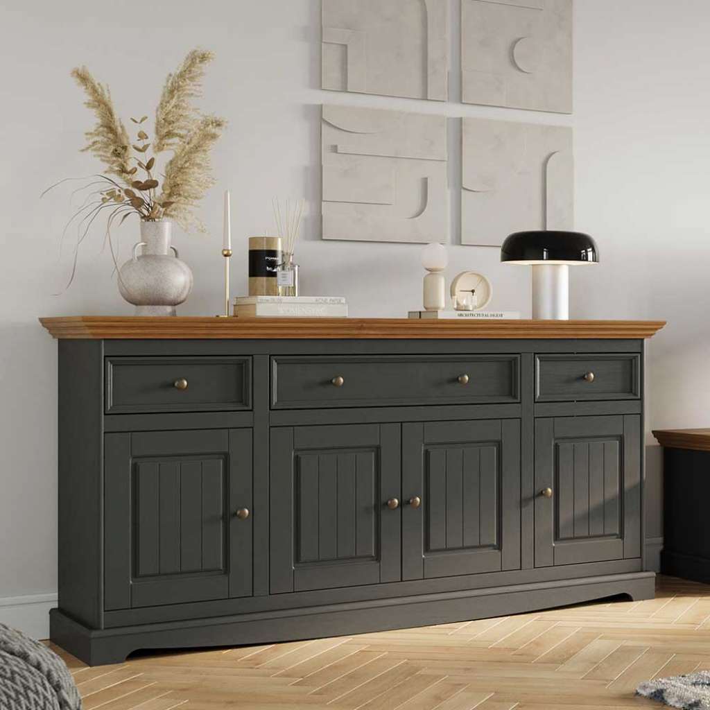 Massivholz Sideboard Landhaus in Grau und Eichefarben 167 cm breit