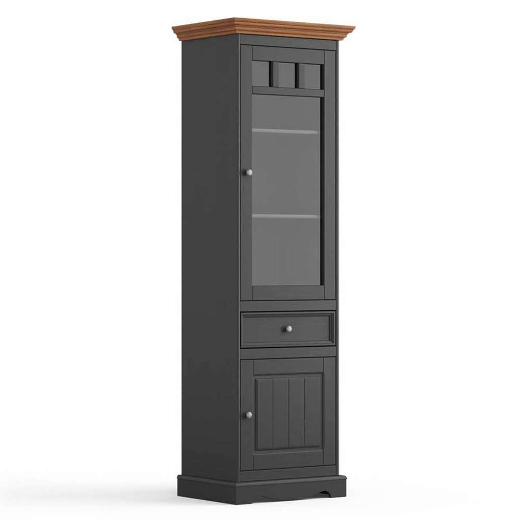 Vitrine Landhaus Design aus Kiefer Massivholz Grau und Eichefarben