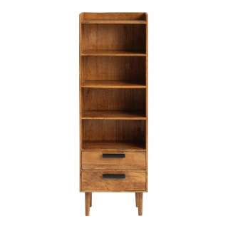 Bücherregal massiv Holz in Cognac Braun zwei Schubladen