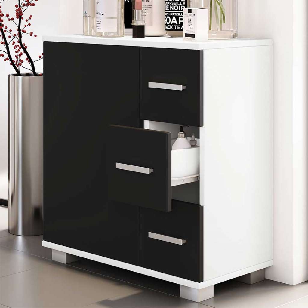 Badezimmerkommode in Schwarz und Weiß drei Schubladen und Tür