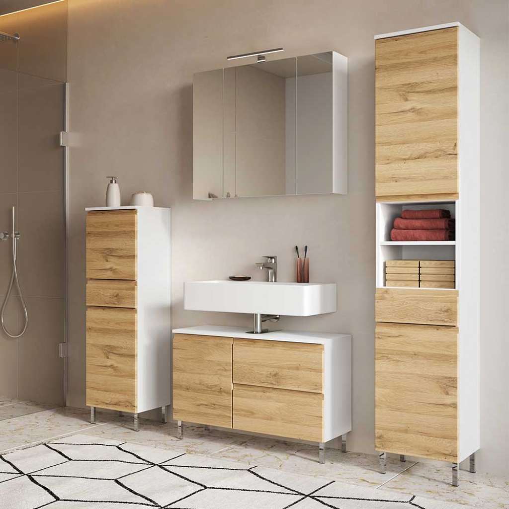 Badmöbelset vierteilig modern in Wildeichefarben Weiß (vierteilig)