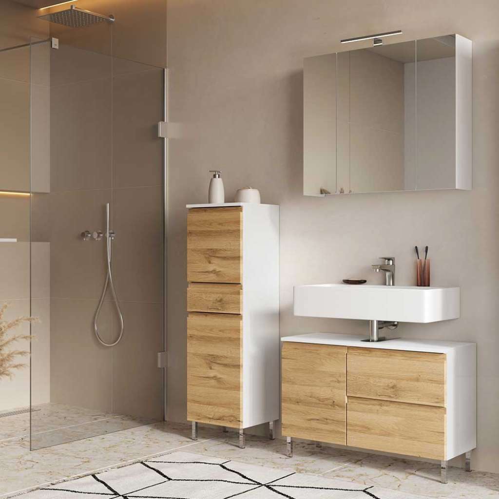 Badezimmermöbel Set mit Beleuchtung in Wildeichefarben Weiß (dreiteilig)