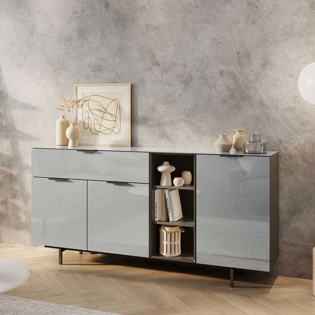Modernes Sidebord in Dunkelgrau und Silbergrau Front glasbeschichtet