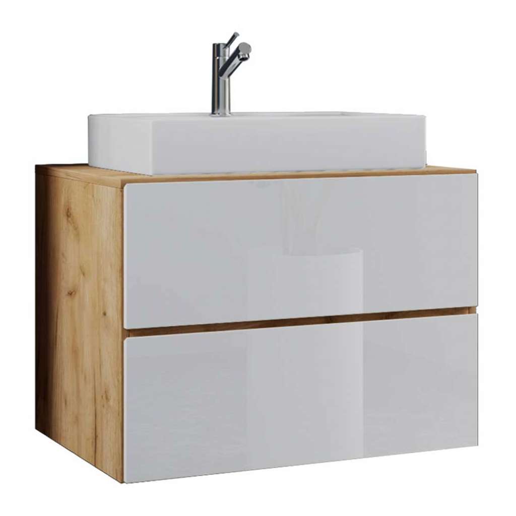 Waschtisch mit Becken in Weiß Hochglanz Wildeiche Honigfarben