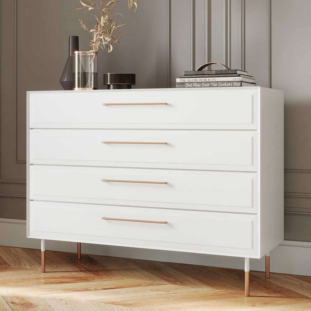 Kommode Massivholz weiss in modernem Design Metallgriffen in Rosegold