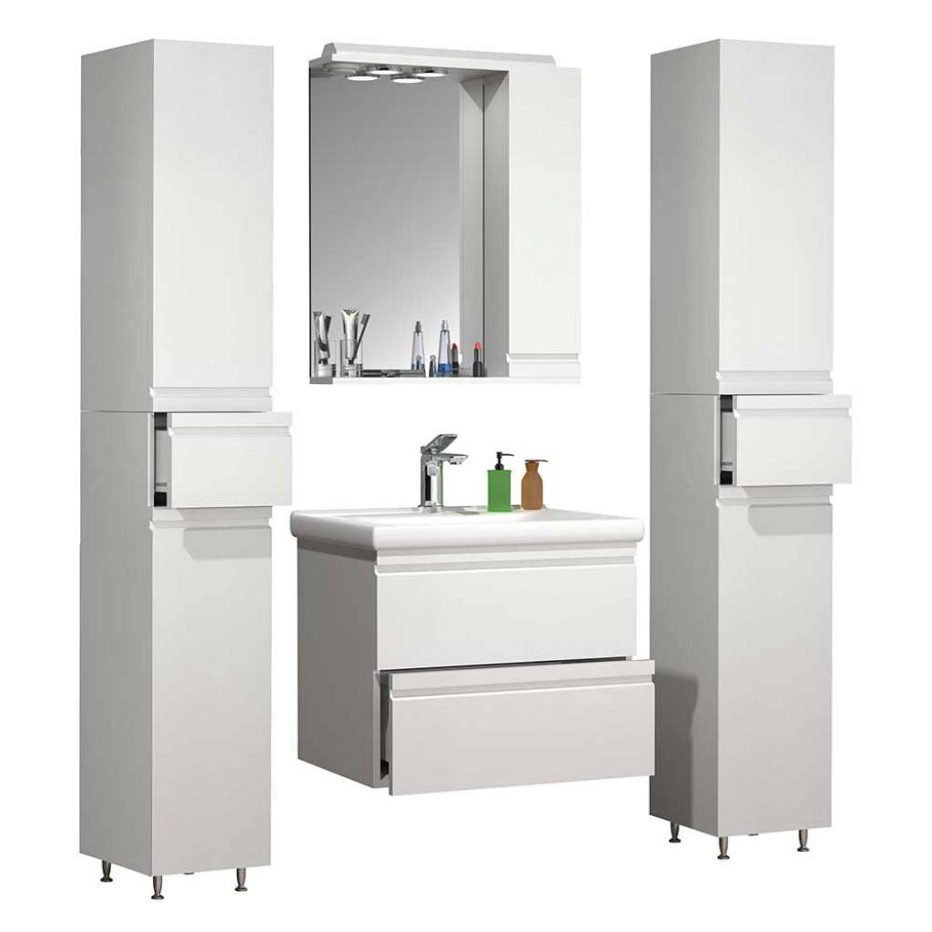 Weißes Badmöbelset mit Becken in modernem Design 180 cm hoch (vierteilig)
