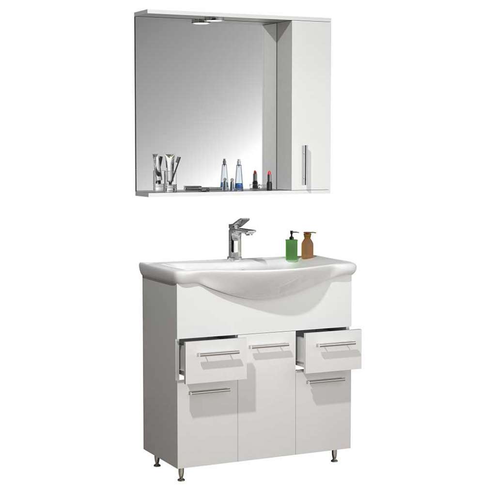 Badezimmermöbel weiss mit LED Beleuchtung inklusive Waschbecken (zweiteilig)